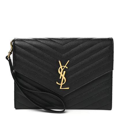 Saint Laurent Grain De Poudre Matelasse Chevron Monogram Envelope Clutch Black 1 of 8