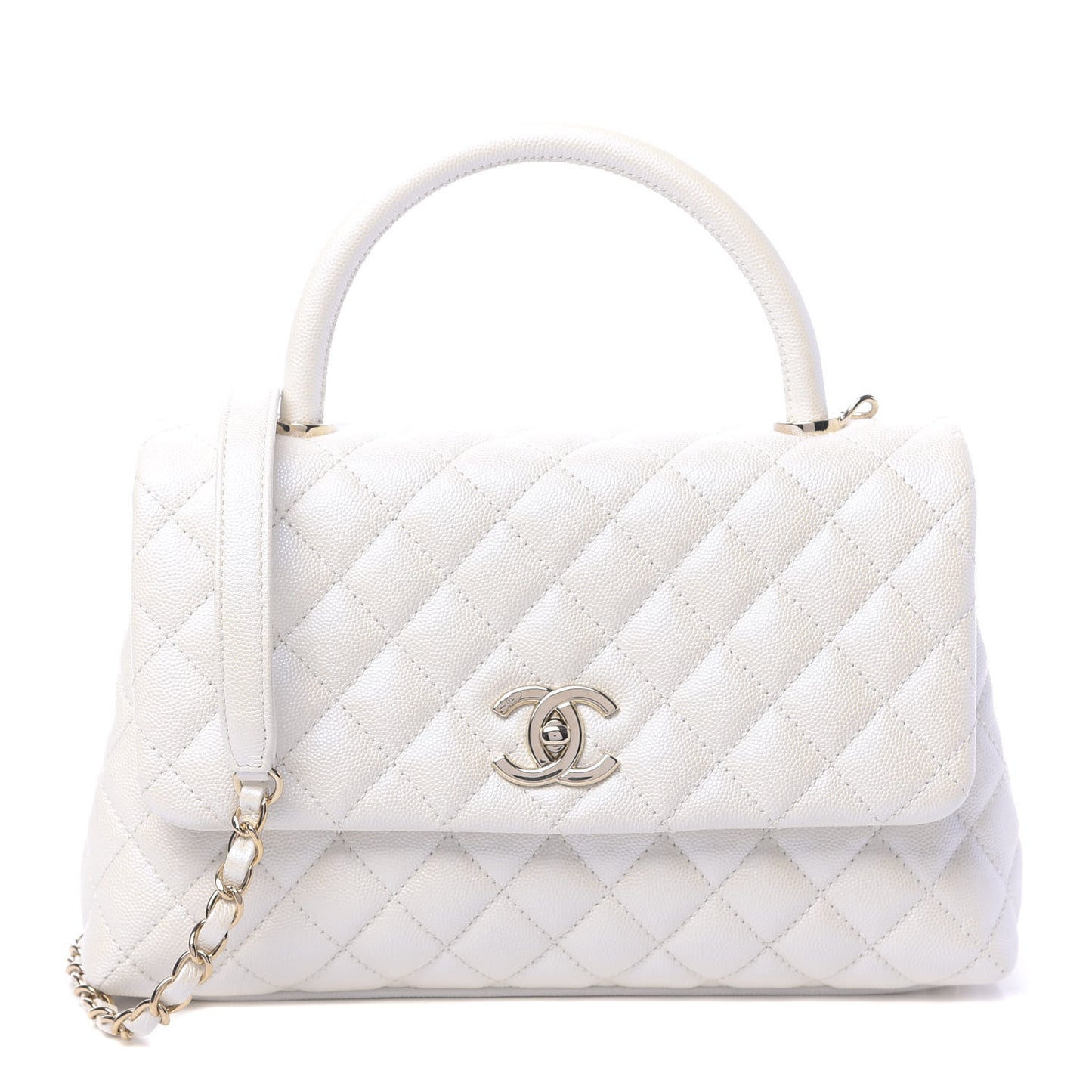 Iridescent Caviar Quilted Small Coco Handle Flap White