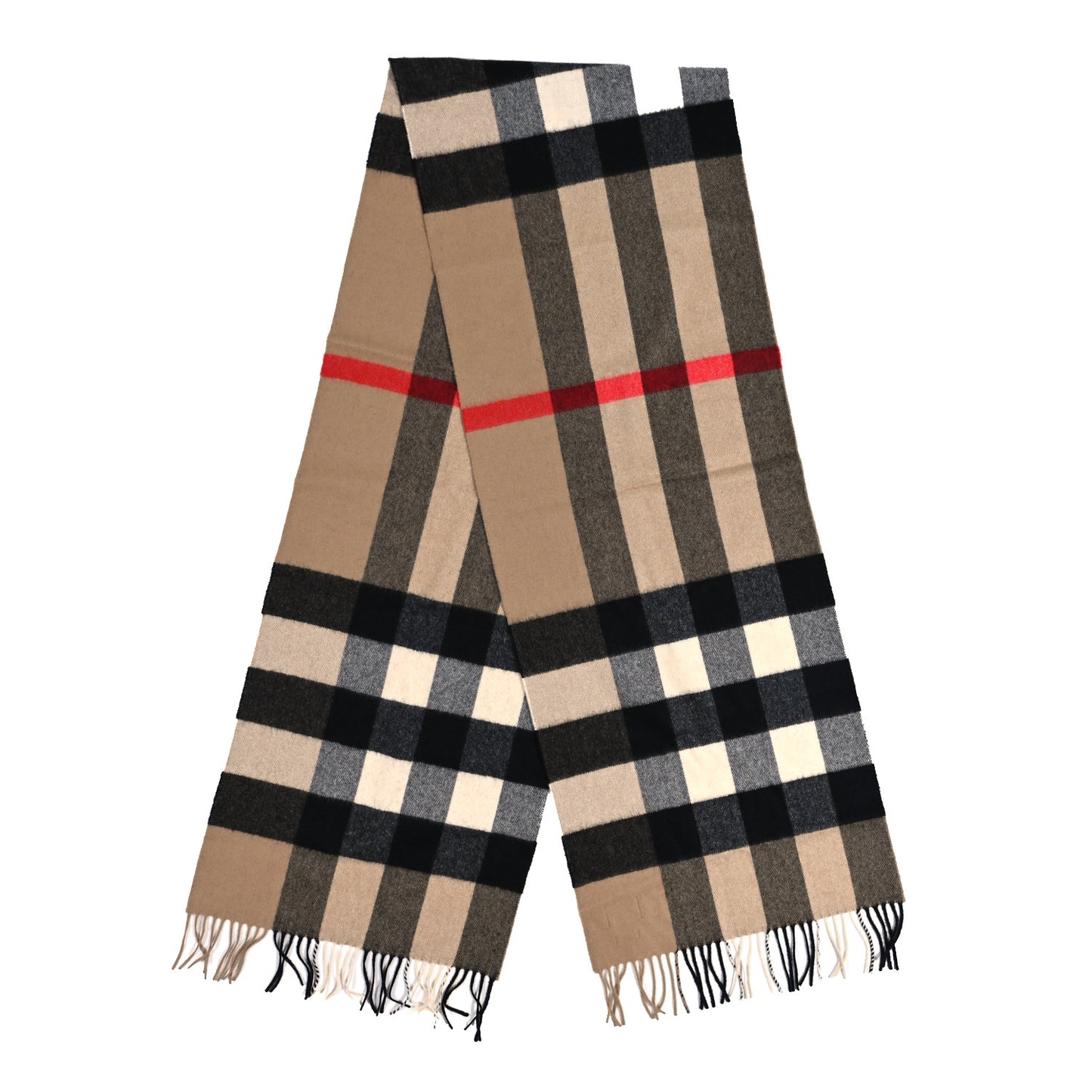 Cashmere Giant Check Fringe Scarf Camel