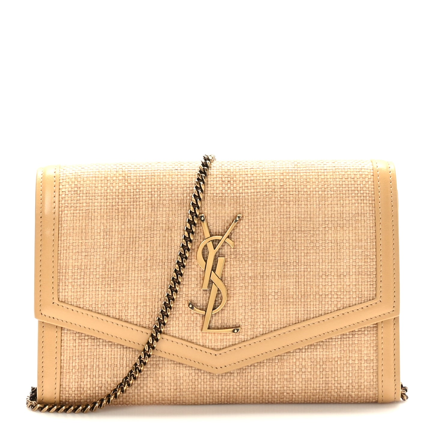 Micro Raffia Monogram Uptown Chain Wallet Natural Hay Blush