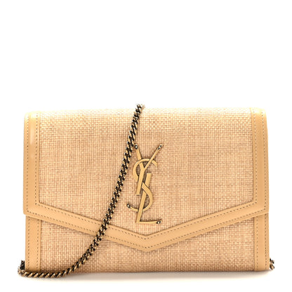 Saint Laurent Micro Raffia Monogram Uptown Chain Wallet Natural Hay Blush 1 of 9