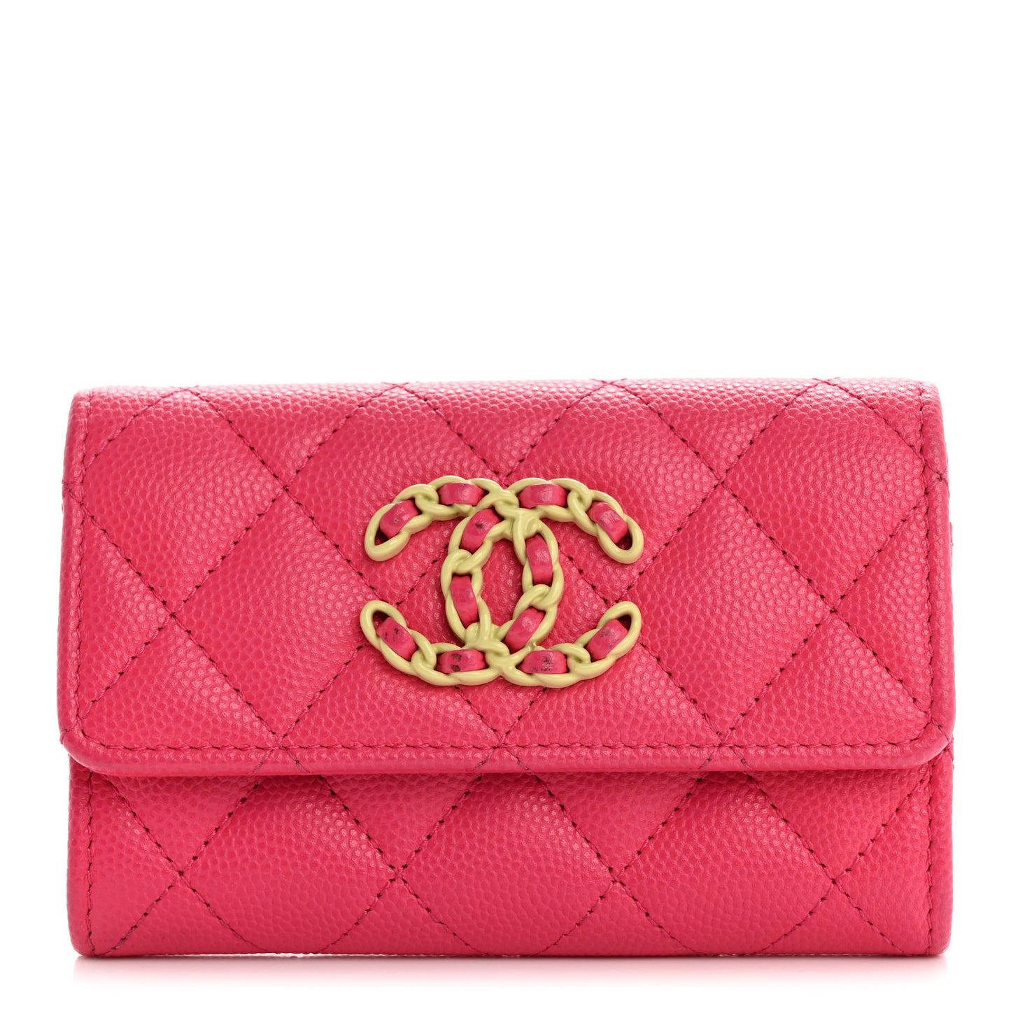 Caviar Quilted Chanel 19 Flap Card Holder Wallet Dark Pink