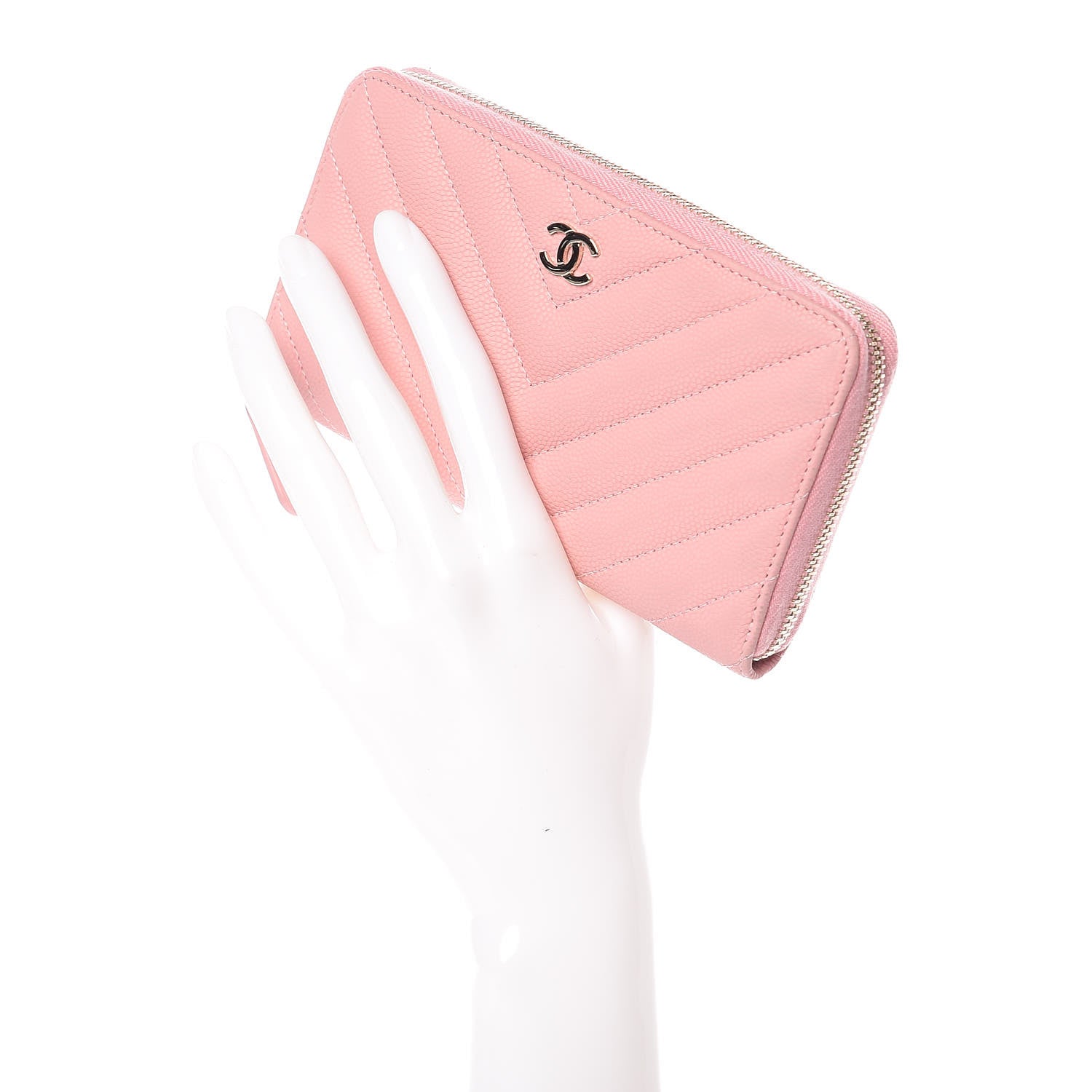 Chanel Caviar Chevron Quilted Medium Zip Around Wallet Pink 2 of 11
