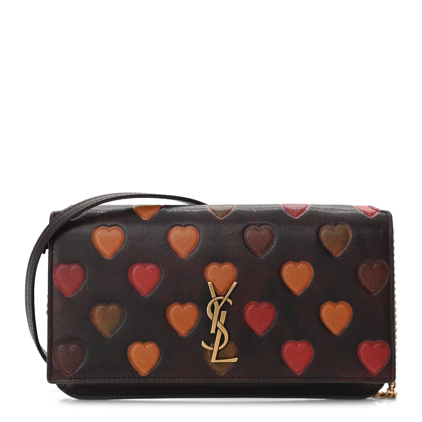 Lambskin Heart Embossed Monogram Chain Wallet Vintage Cognac