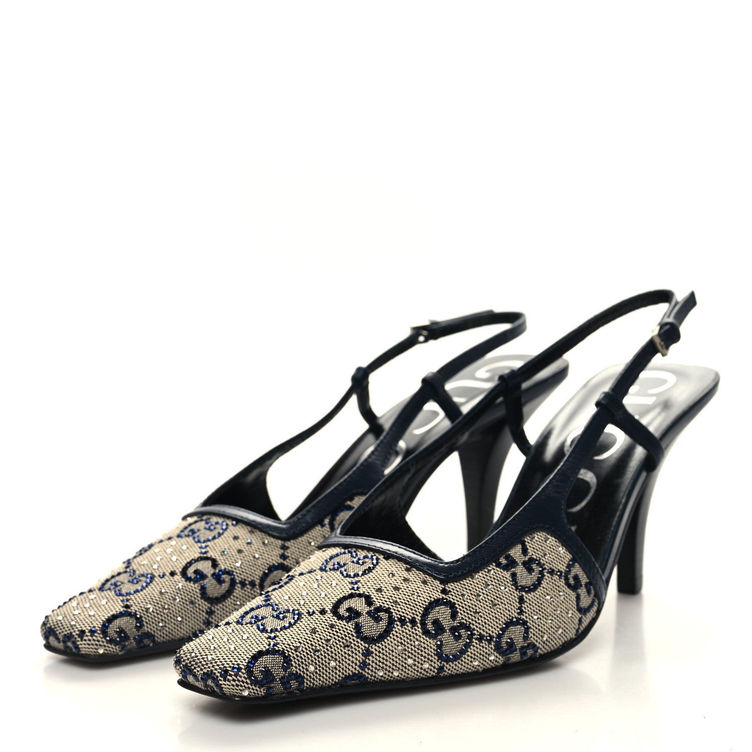 Gucci GG Monogram Malaga Kid Crystal Square G 75mm Slingback Pumps 35.5 Beige Blue 3 of 8