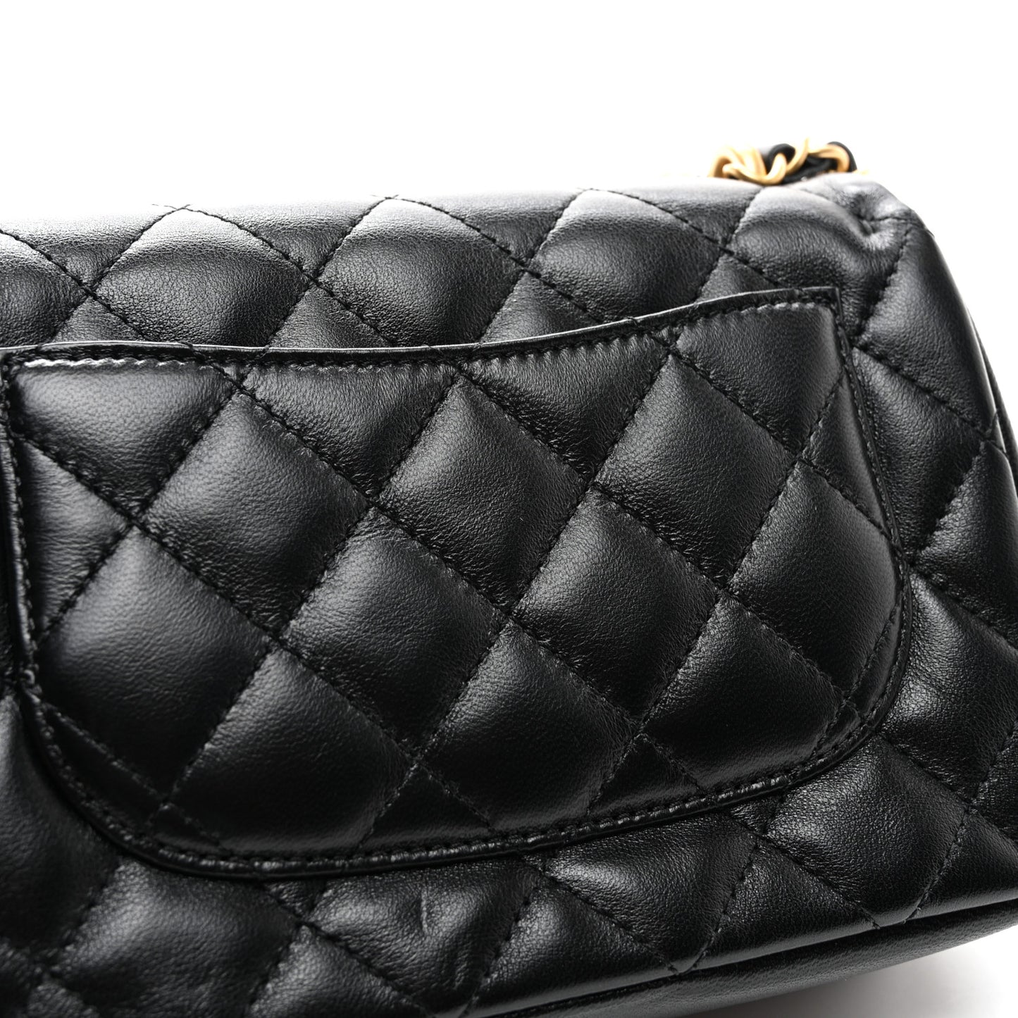 Shiny Lambskin Quilted Pearl Twist Mini Square Flap Black