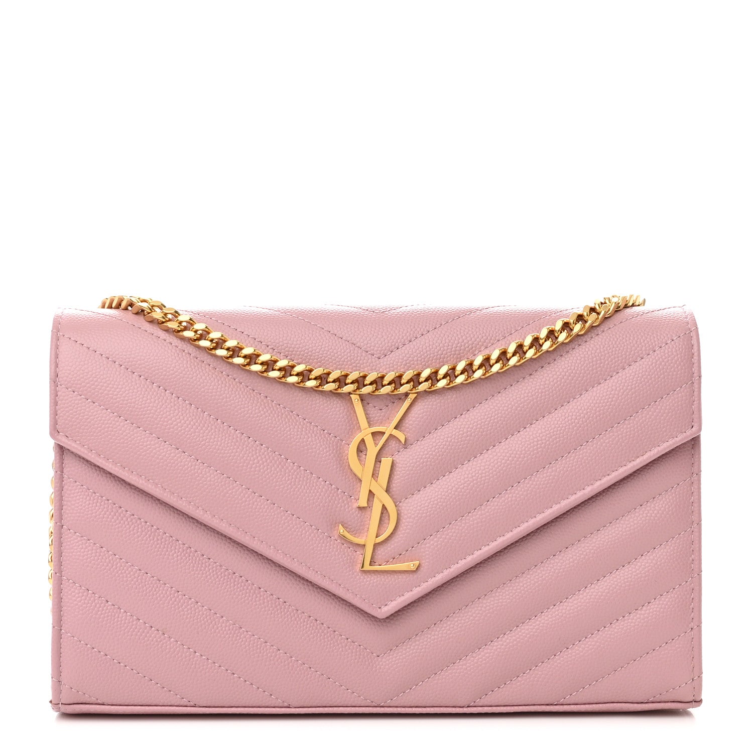 Saint Laurent Grain De Poudre Matelasse Chevron Monogram Chain Wallet Tender Pink 1 of 11