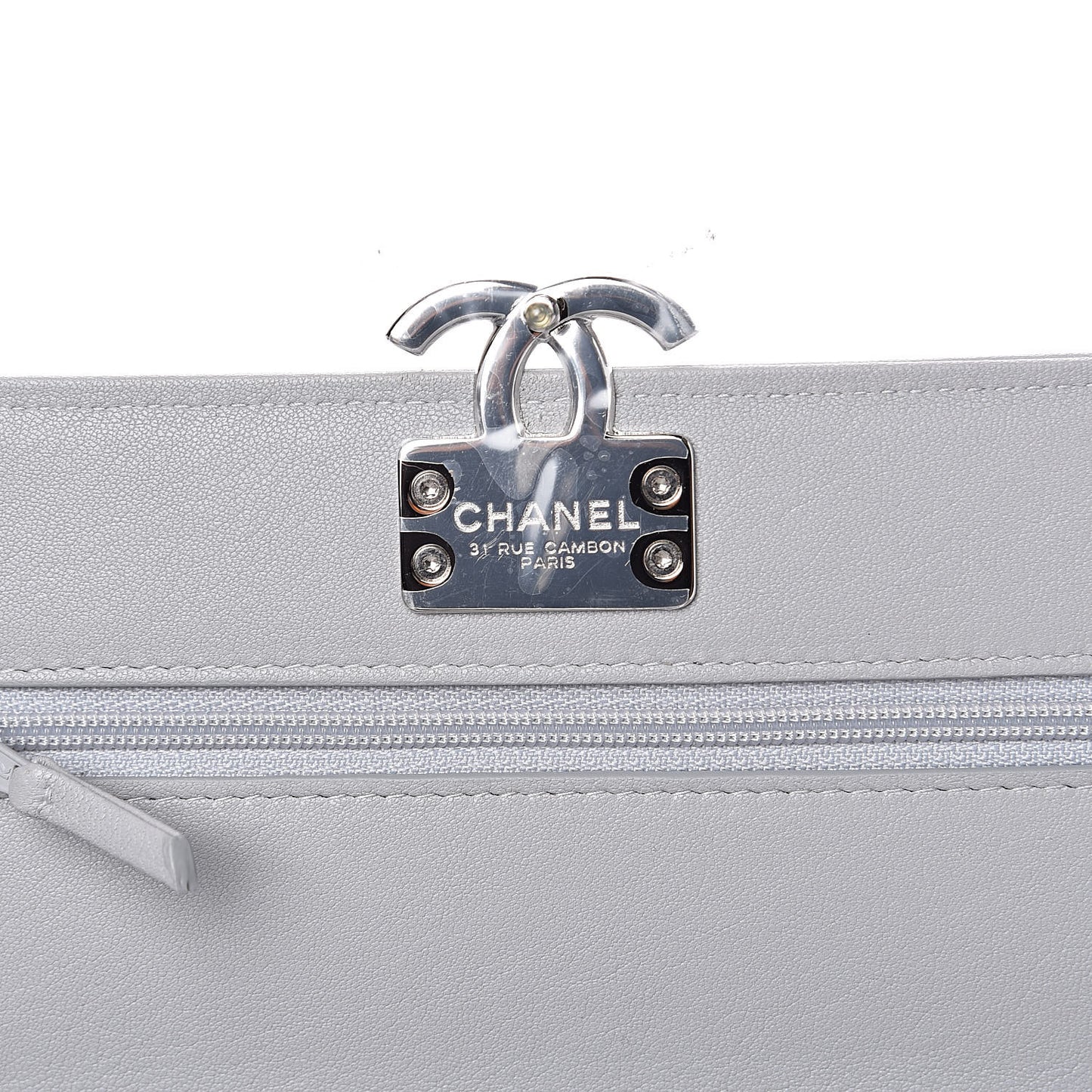 Grained Calfskin Quilted CC Box Wallet On Chain WOC Grey