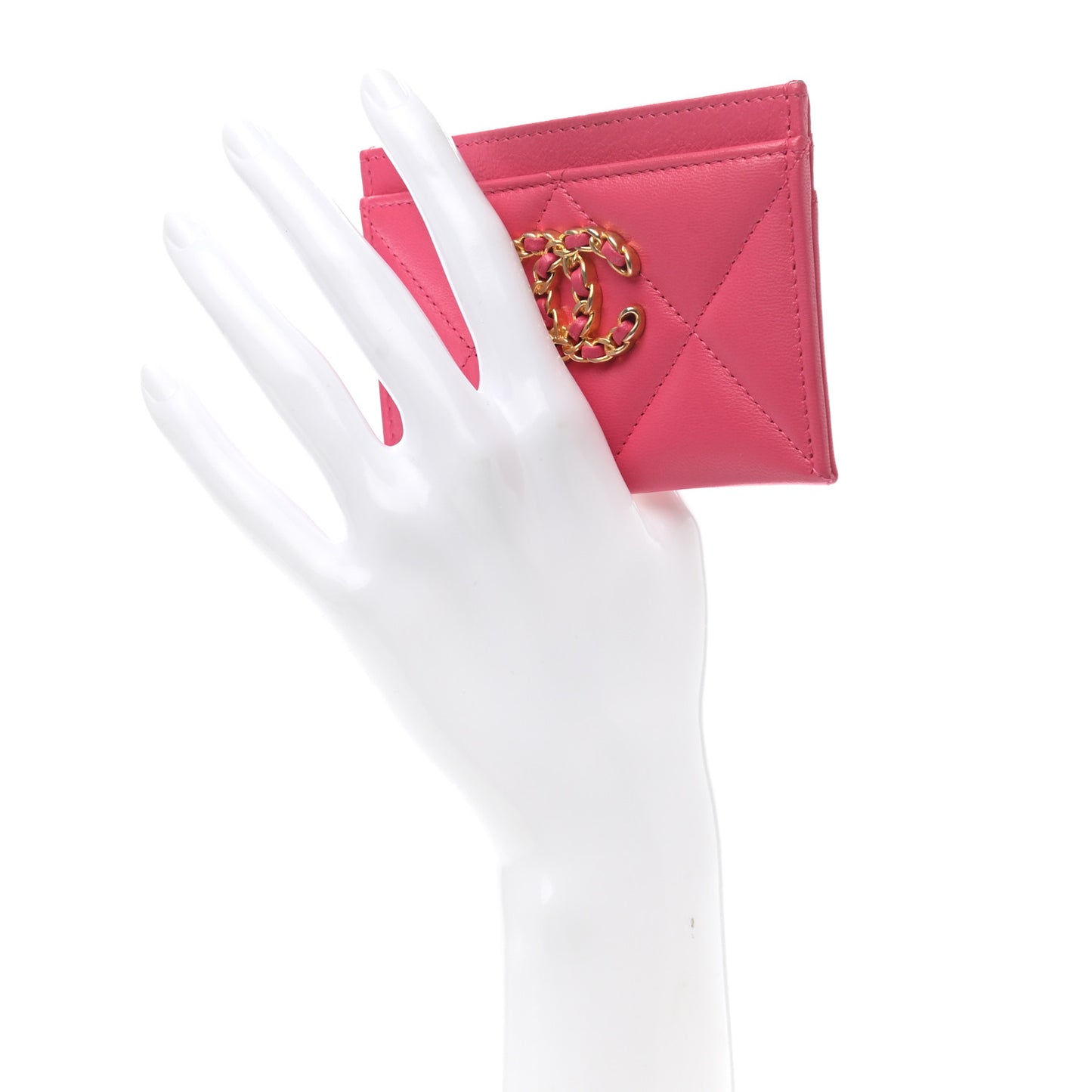 Shiny Goatskin Quilted Chanel 19 Card Holder Dark Pink