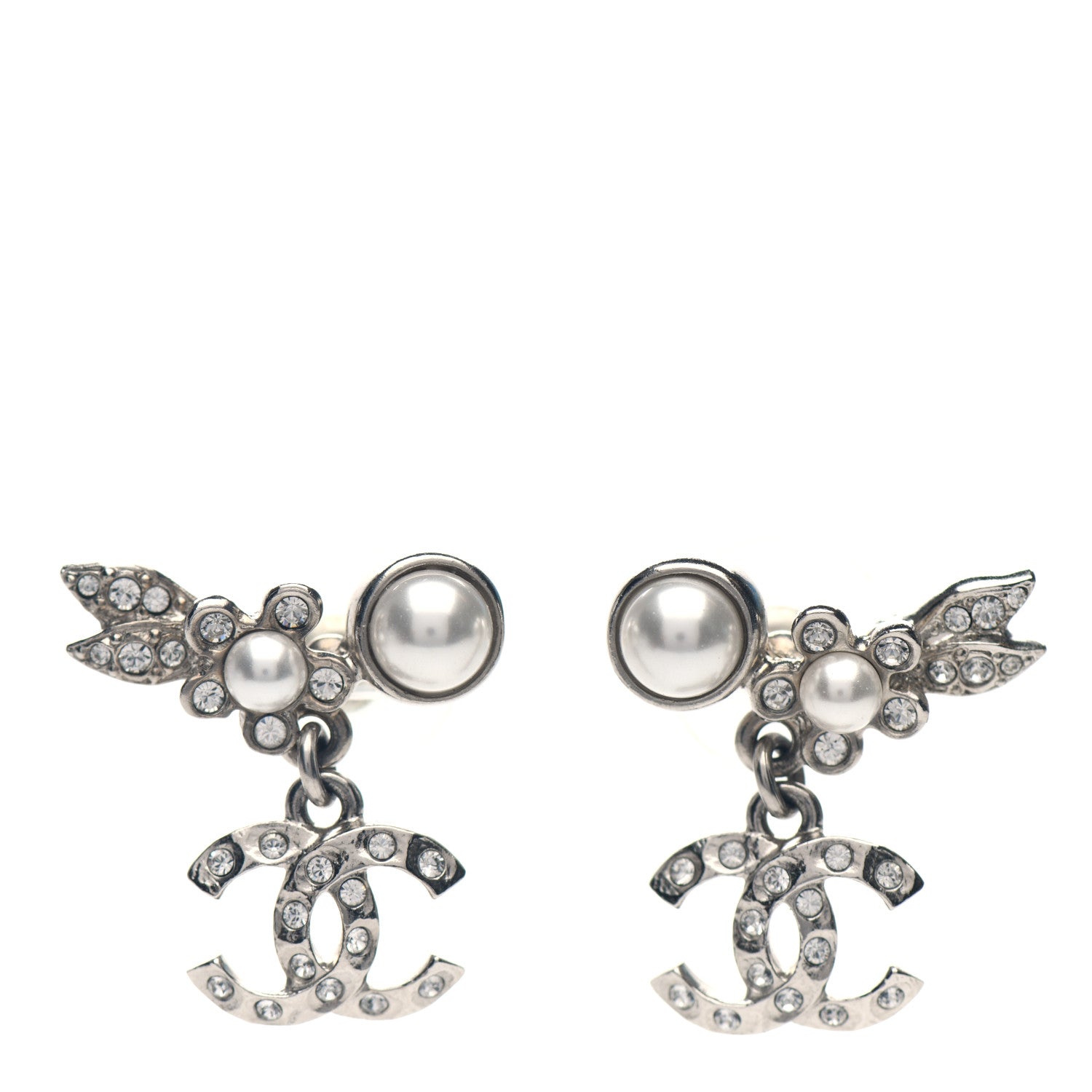 Chanel Crystal Pearl CC Leaf Earrings Silver 1 of 4