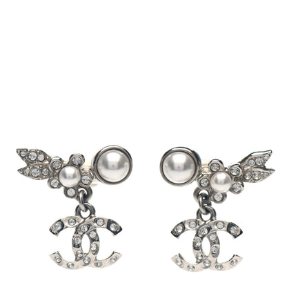 Chanel Crystal Pearl CC Leaf Earrings Silver 1 of 4