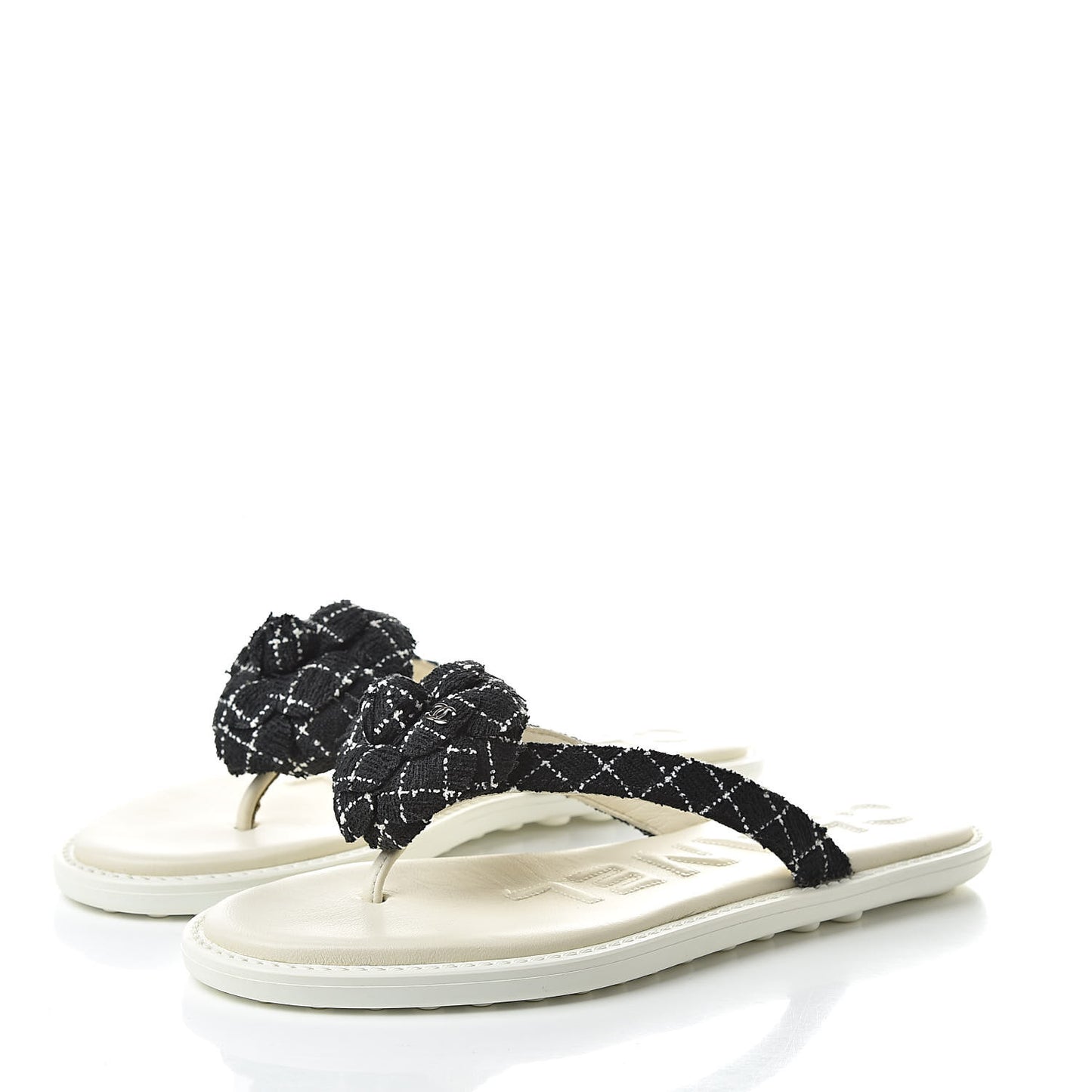 Tweed Quilted Camellia Thong Sandals 36 Black White