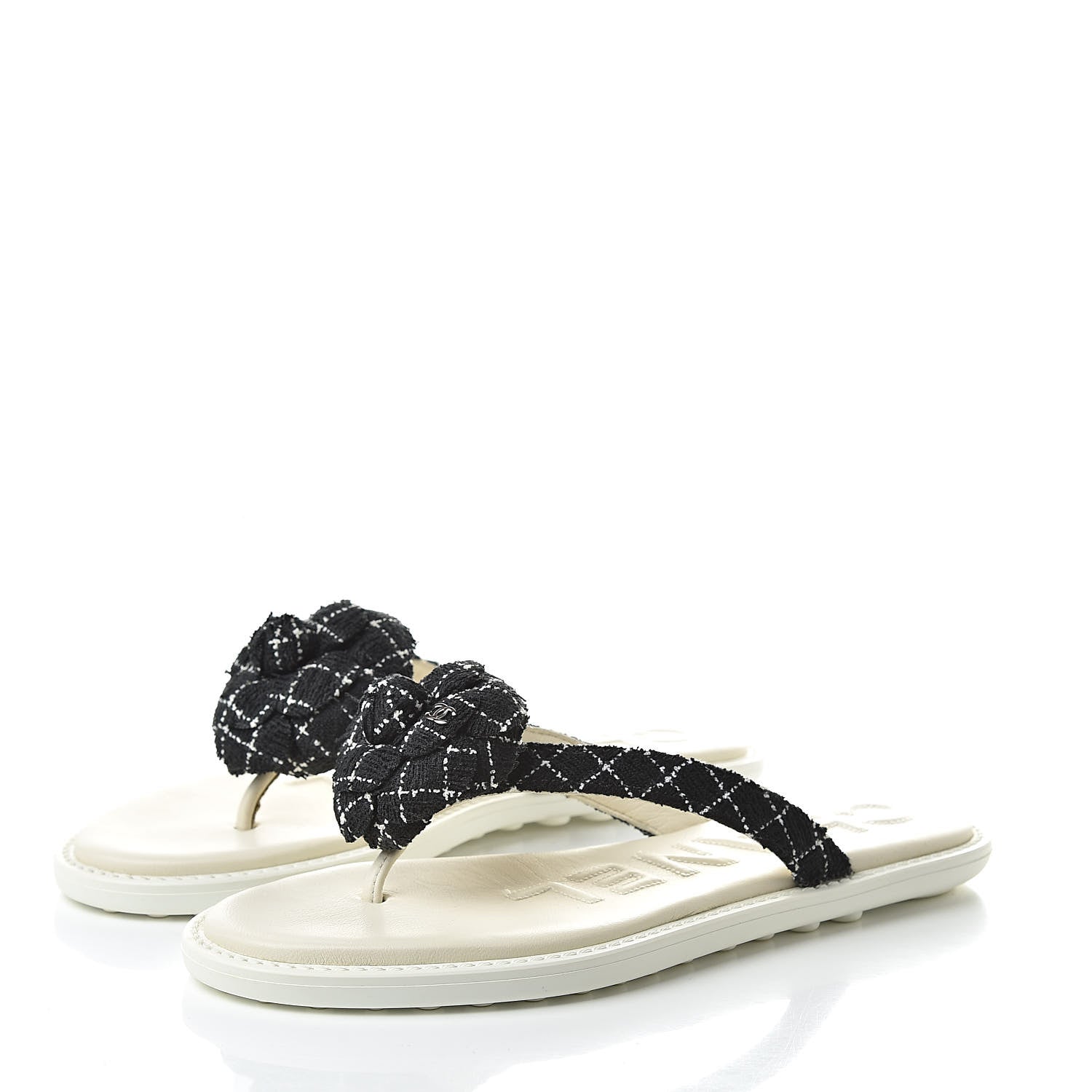 Chanel Tweed Quilted Camellia Thong Sandals 36 Black White 3 of 8