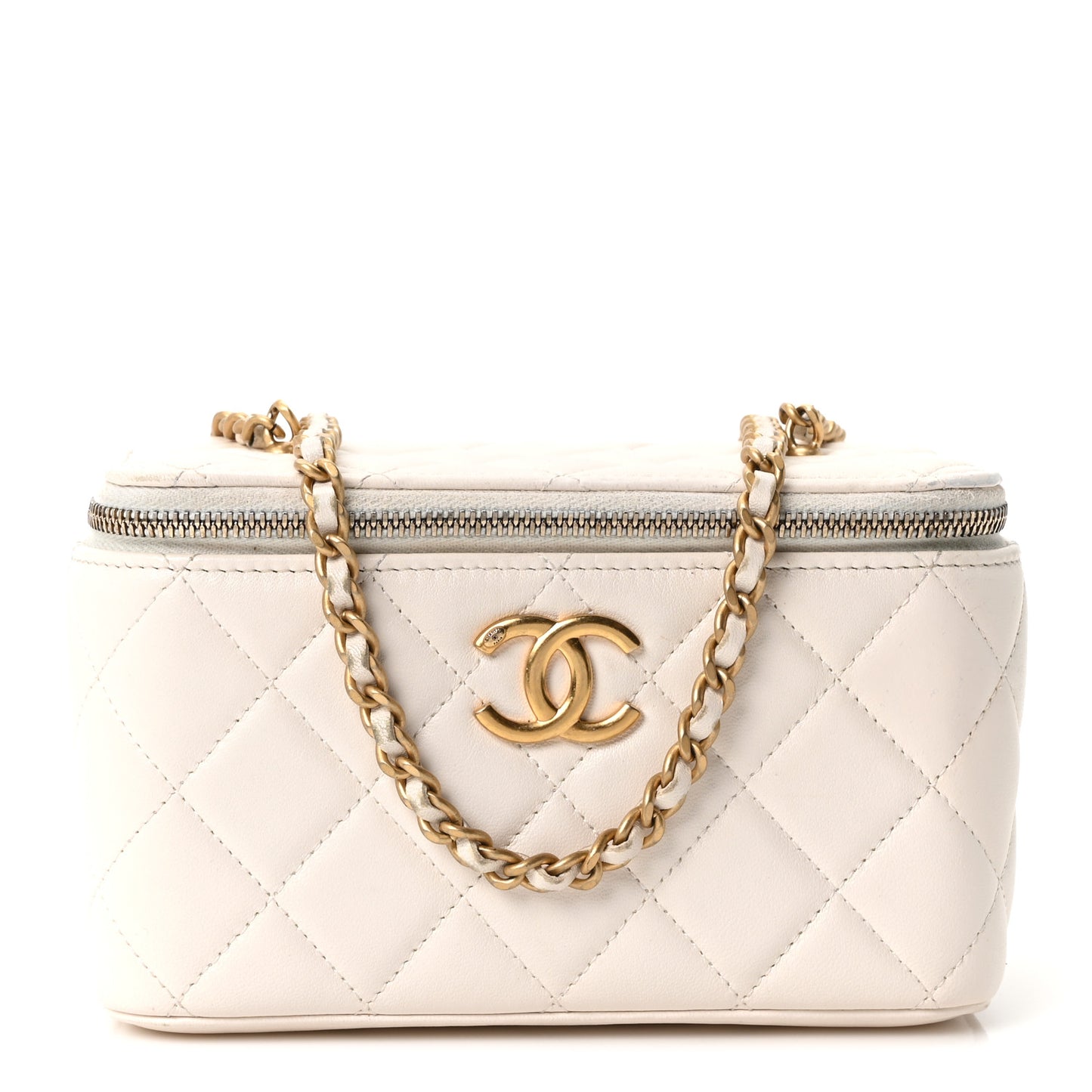 Lambskin Quilted Pearl Crush Small Vanity Case With Chain  White