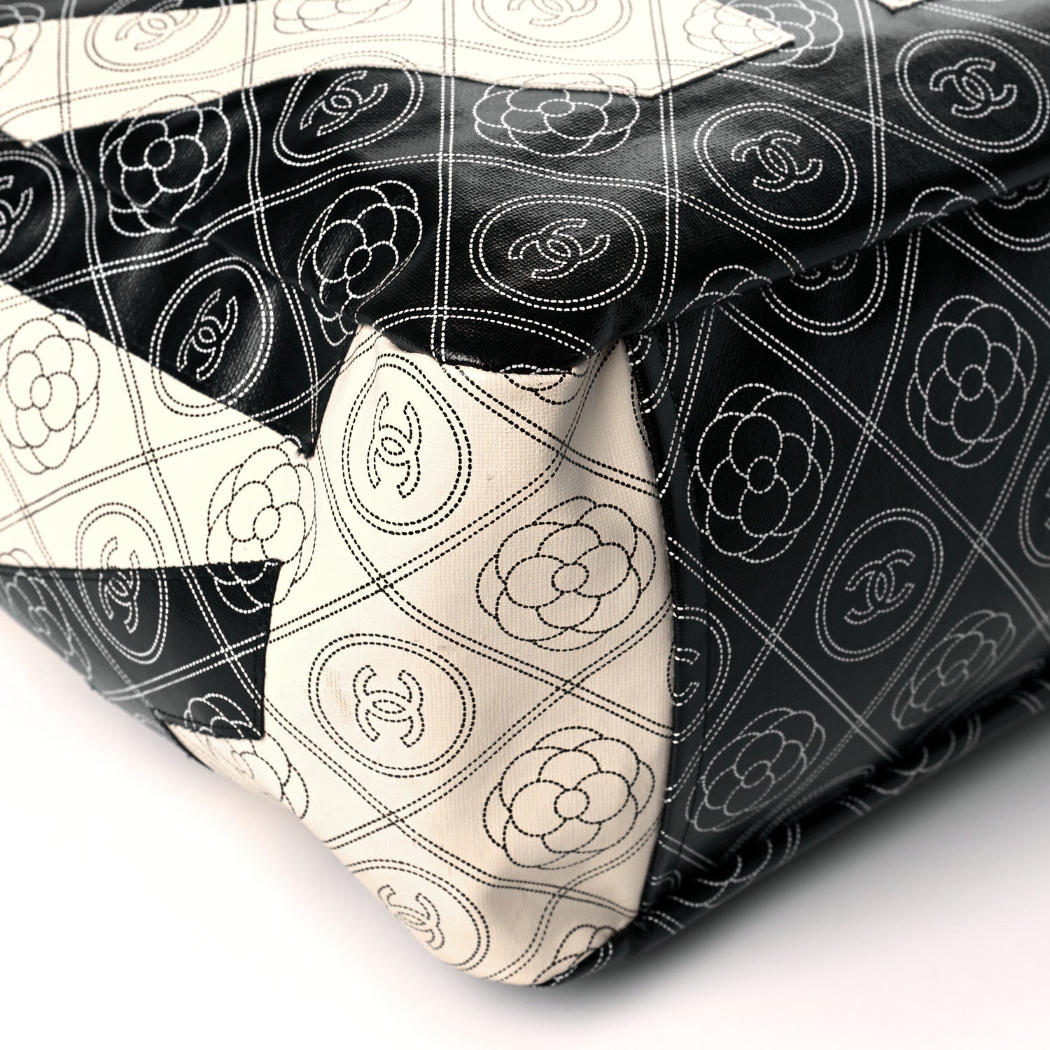 Chanel Coated Canvas Camellia Large Shopping Tote Black Beige 9 of 10
