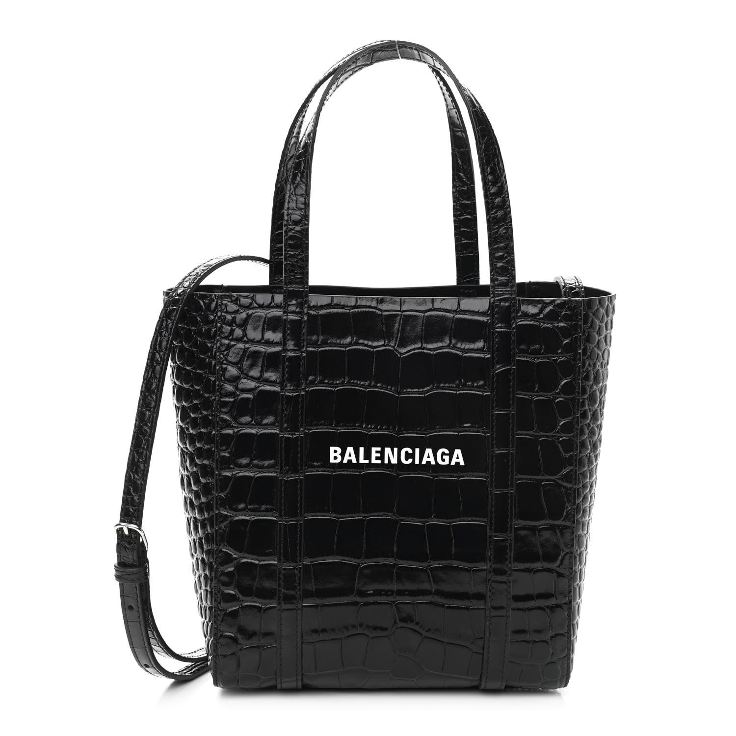 Balenciaga Shiny Calfskin Logo Crocodile Embossed XXS Everyday Tote Black 1 of 9