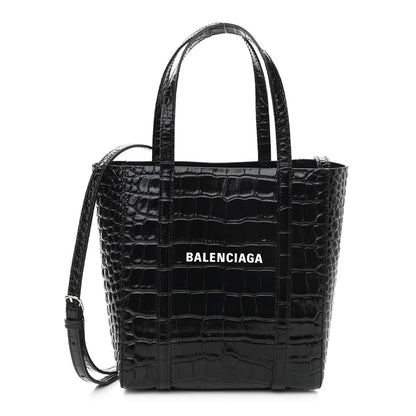 Balenciaga Shiny Calfskin Logo Crocodile Embossed XXS Everyday Tote Black 1 of 9