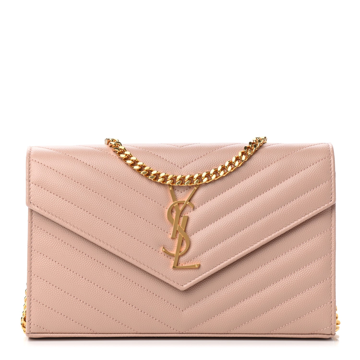 Saint Laurent Grain De Poudre Matelasse Chevron Monogram Chain Wallet Pale Pink 1 of 9