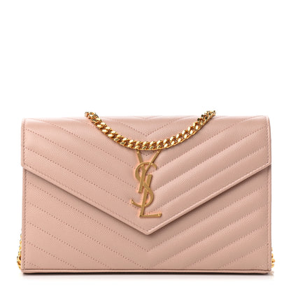 Saint Laurent Grain De Poudre Matelasse Chevron Monogram Chain Wallet Pale Pink 1 of 9