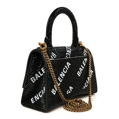 Balenciaga Strass Suede Allover Logo Hourglass Top Handle Bag XS with Chain Black White 3 of 11