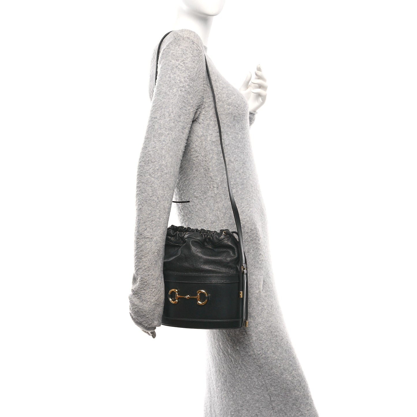 Azalea Sakai Calfskin Horsebit 1955 Drawstring Bucket Bag Black