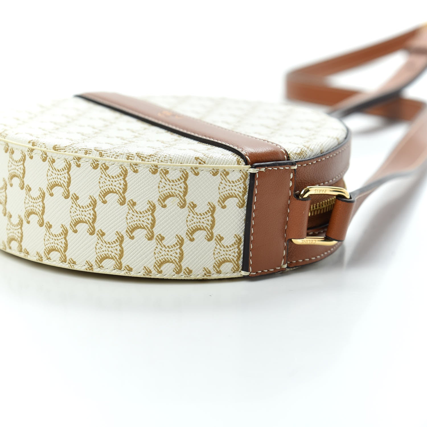Celine Lambskin Triomphe Canvas Round Purse On Strap White Tan 6 of 10