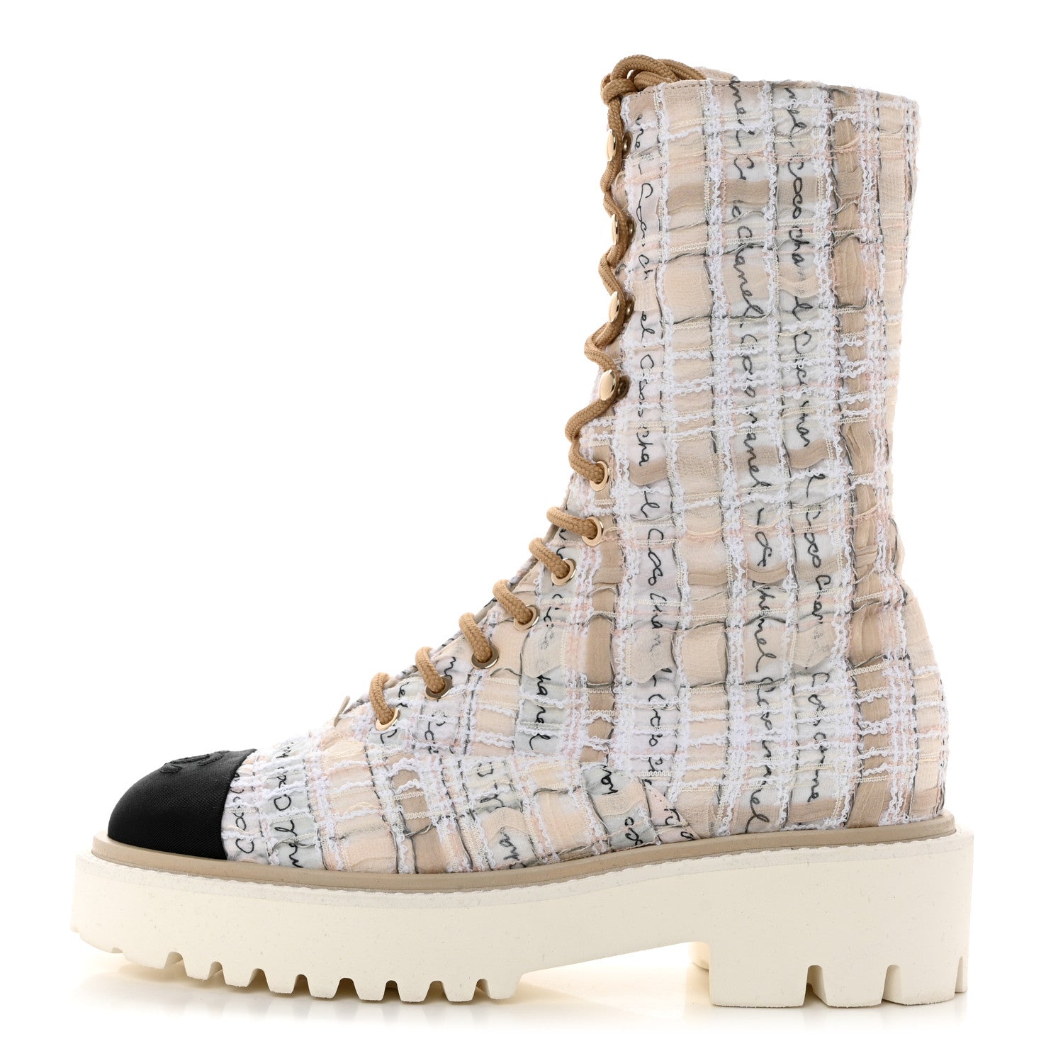 Chanel Tweed Grosgrain Cap Toe Lace Up Combat Boots 38 Multicolor 1 of 8