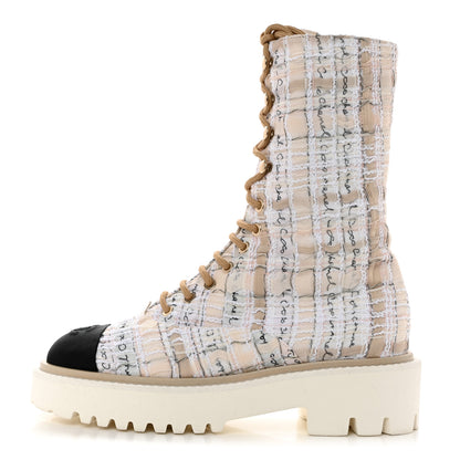 Chanel Tweed Grosgrain Cap Toe Lace Up Combat Boots 38 Multicolor 1 of 8