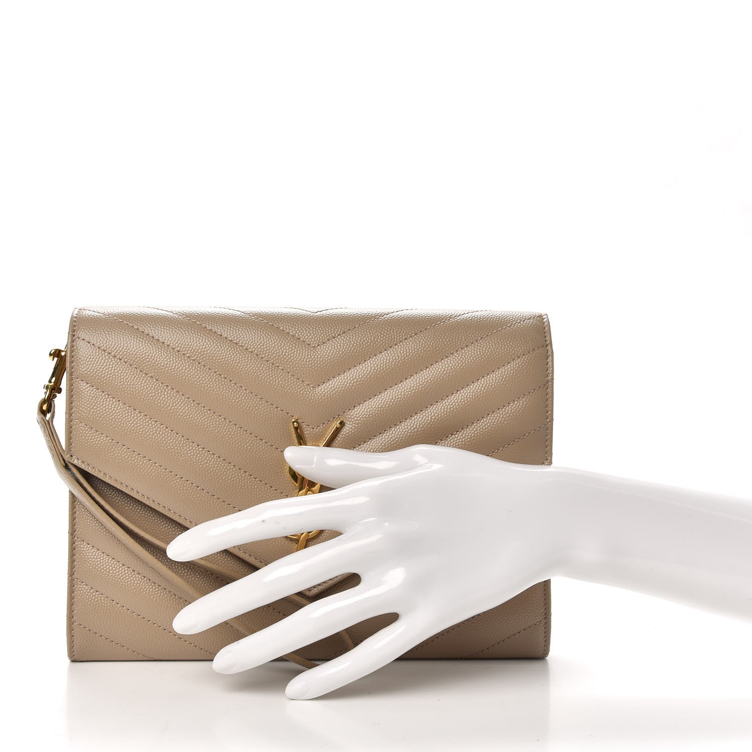 Saint Laurent Grain De Poudre Matelasse Chevron Monogram Envelope Clutch Dark Beige 2 of 10