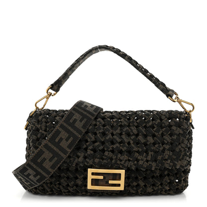 Fendi Fabric Jacquard FF 1974 Woven Knotted Baguette Tobacco Moro 1 of 9