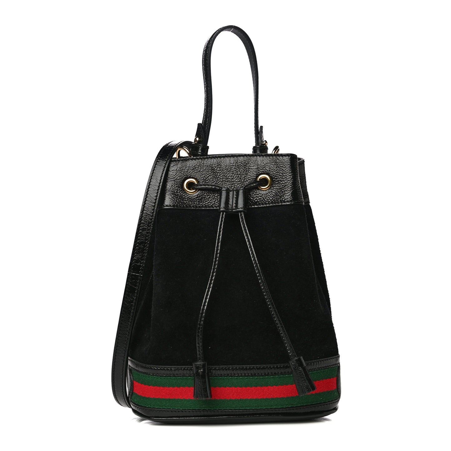 Suede Patent Web Small Ophidia Bucket Bag Black
