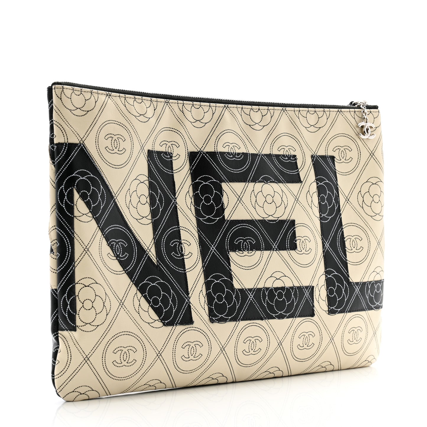 Coated Canvas Calfskin Camellia Printed Pouch Black Beige