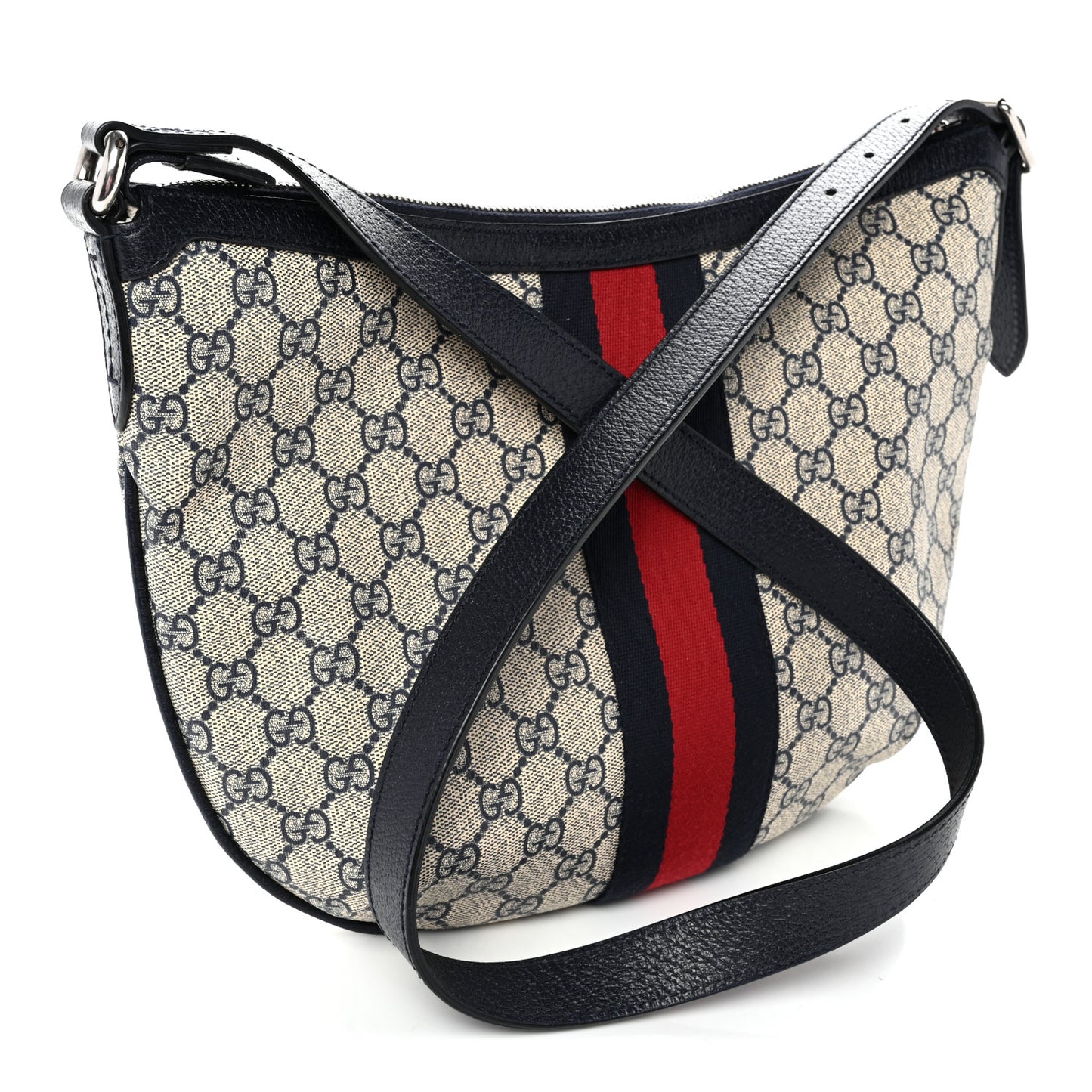 GG Supreme Monogram Textured Dollar Calfskin Web Small Ophidia Half Moon Hobo Beige Blue