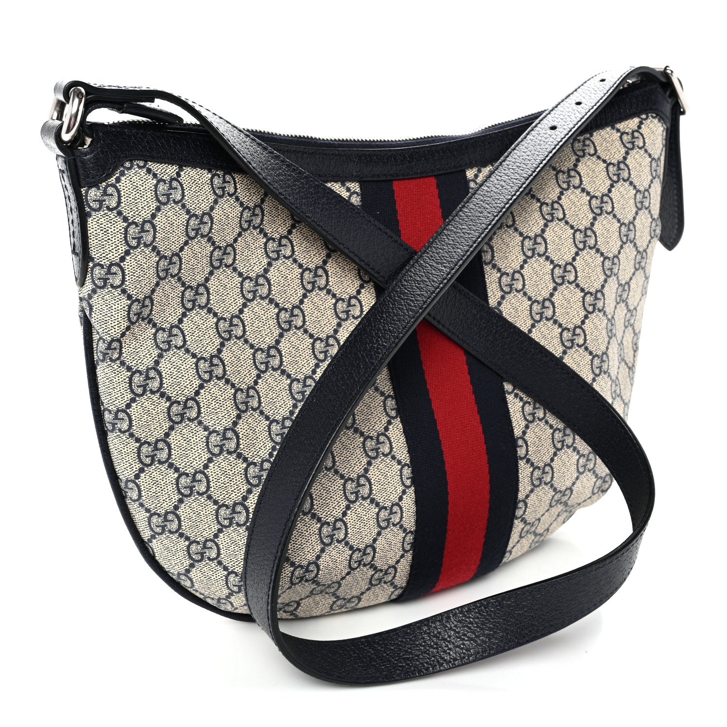 Gucci GG Supreme Monogram Textured Dollar Calfskin Web Small Ophidia Half Moon Hobo Beige Blue 3 of 10