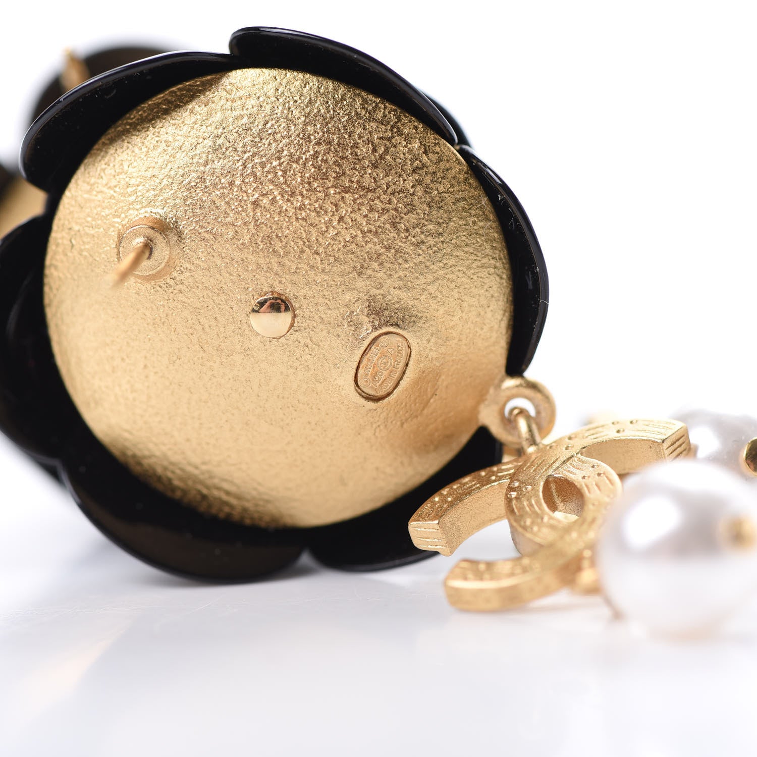 Chanel Enamel Crystal Pearl CC Camellia Drop Earrings Black Gold 4 of 5