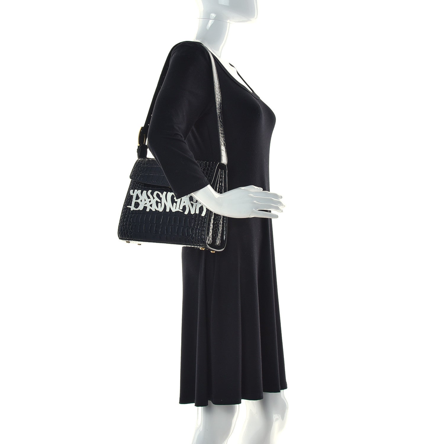 Balenciaga Shiny Calfskin Graffiti Logo Crocodile Embossed Medium Ghost Shoulder Bag Black White 2 of 11