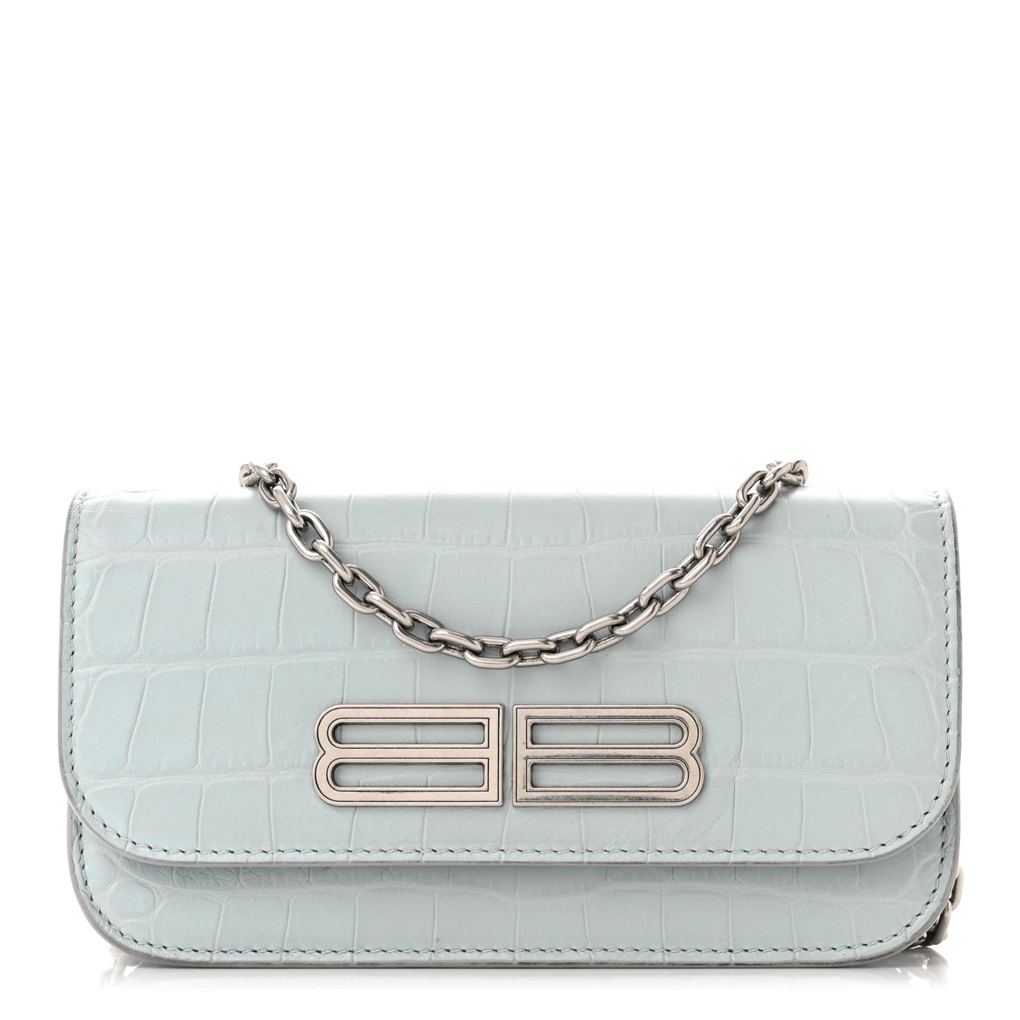 Extra Supple Calfskin Crocodile Embossed Gossip Wallet On Chain Ash Blue