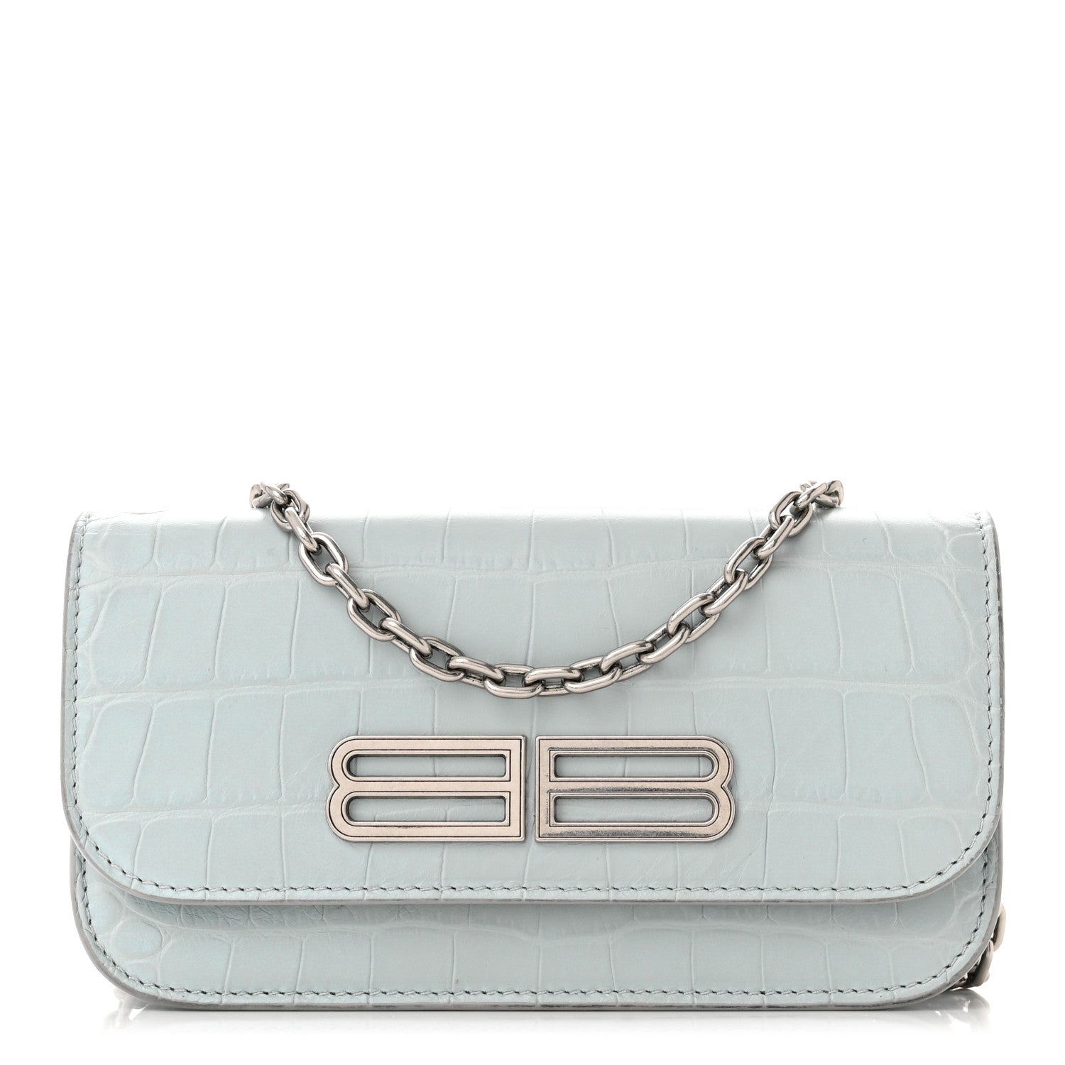 Balenciaga Extra Supple Calfskin Crocodile Embossed Gossip Wallet On Chain Ash Blue 1 of 12