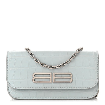 Balenciaga Extra Supple Calfskin Crocodile Embossed Gossip Wallet On Chain Ash Blue 1 of 12