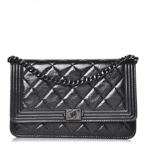 Shiny Aged Calfskin Quilted Boy Wallet On Chain WOC So Black