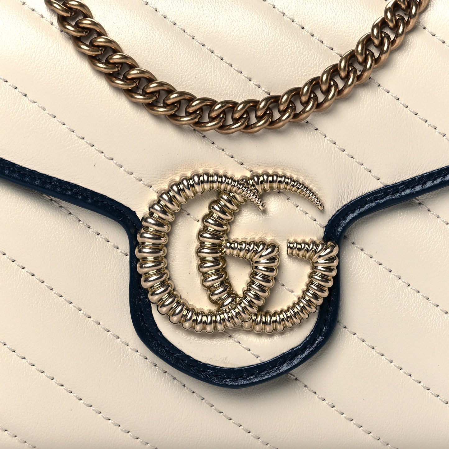 Vintage Effect Calfskin Matelasse Diagonal Torchon GG Marmont Chain Wallet Mystic White Blue Agata