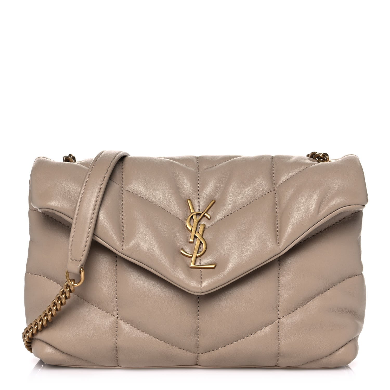 Saint Laurent Lambskin Quilted Toy Loulou Puffer Monogram Chain Satchel Dark Beige 1 of 10