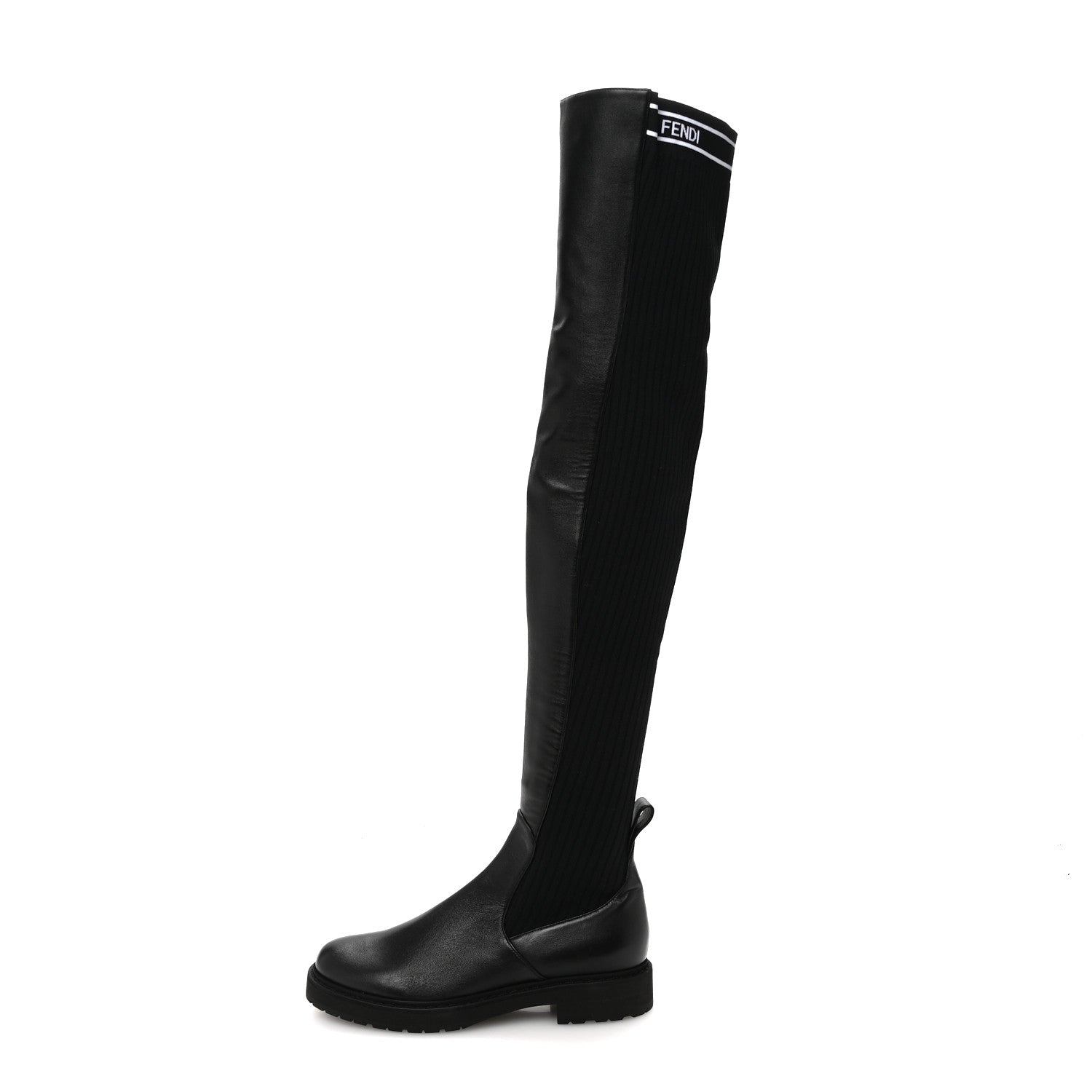 Fendi Nappa Stretch Fabric Logo Rockoko Thigh High Boots 37.5 Black White 1 of 8