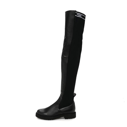 Fendi Nappa Stretch Fabric Logo Rockoko Thigh High Boots 37.5 Black White 1 of 8