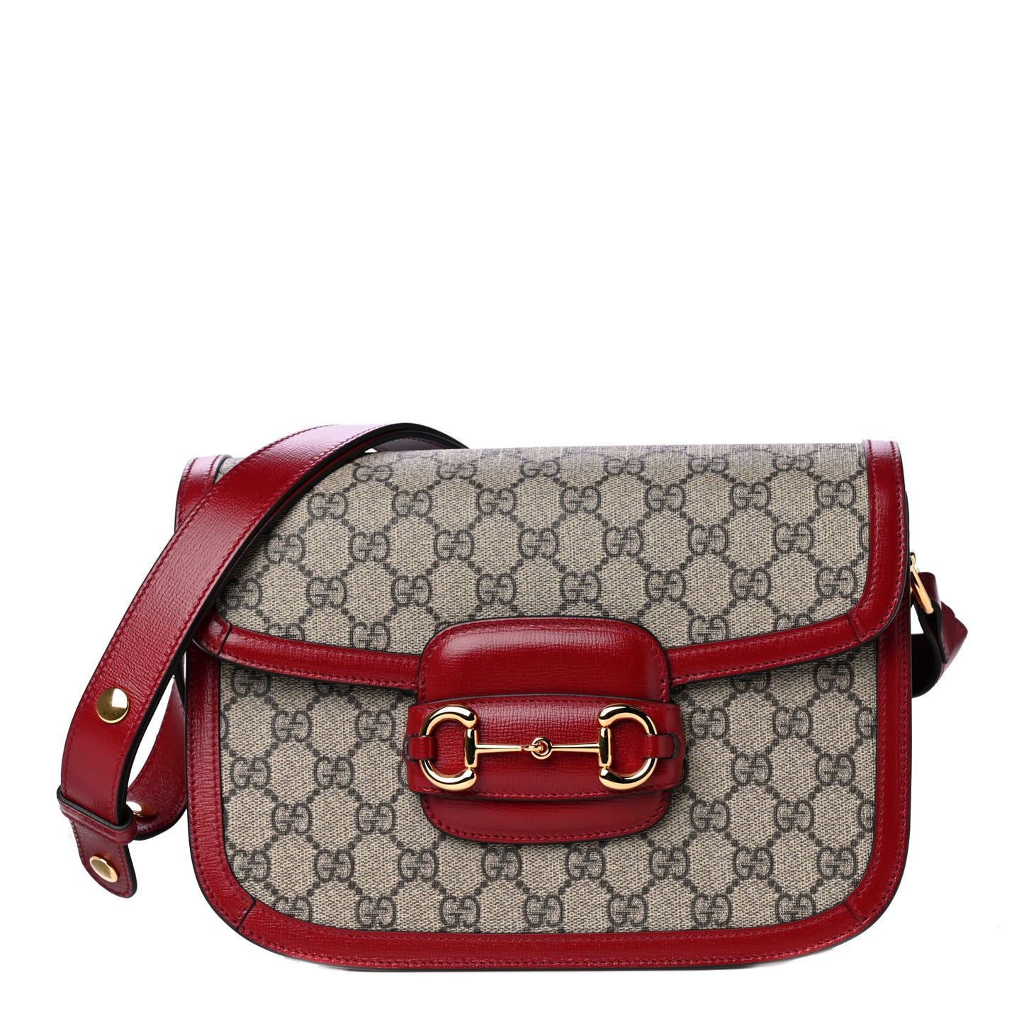 GG Supreme Monogram Azalea Calfskin Horsebit 1955 Shoulder Bag Beige Ebony New Cherry Red