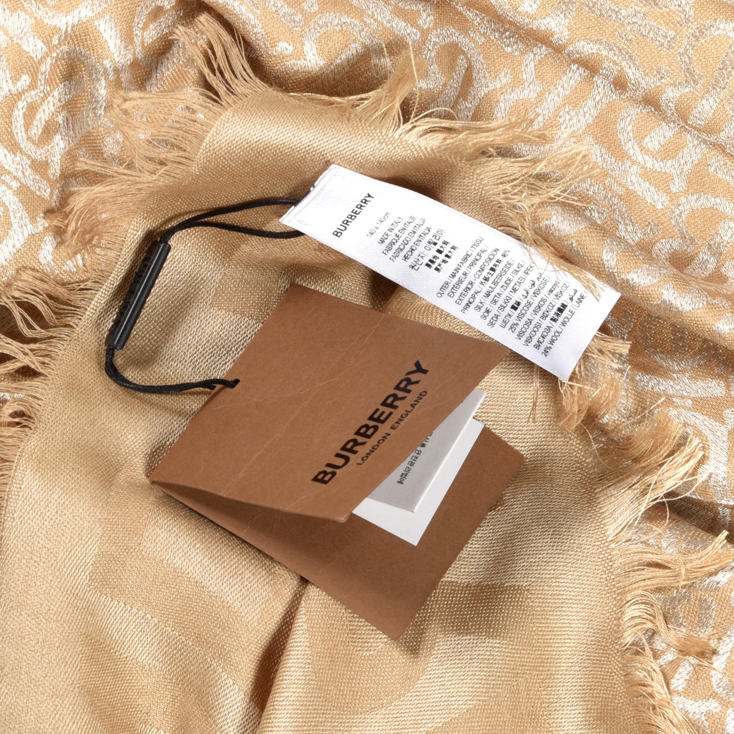 Burberry Silk Wool Monogrammed TB Print Square Scarf Honey 3 of 3