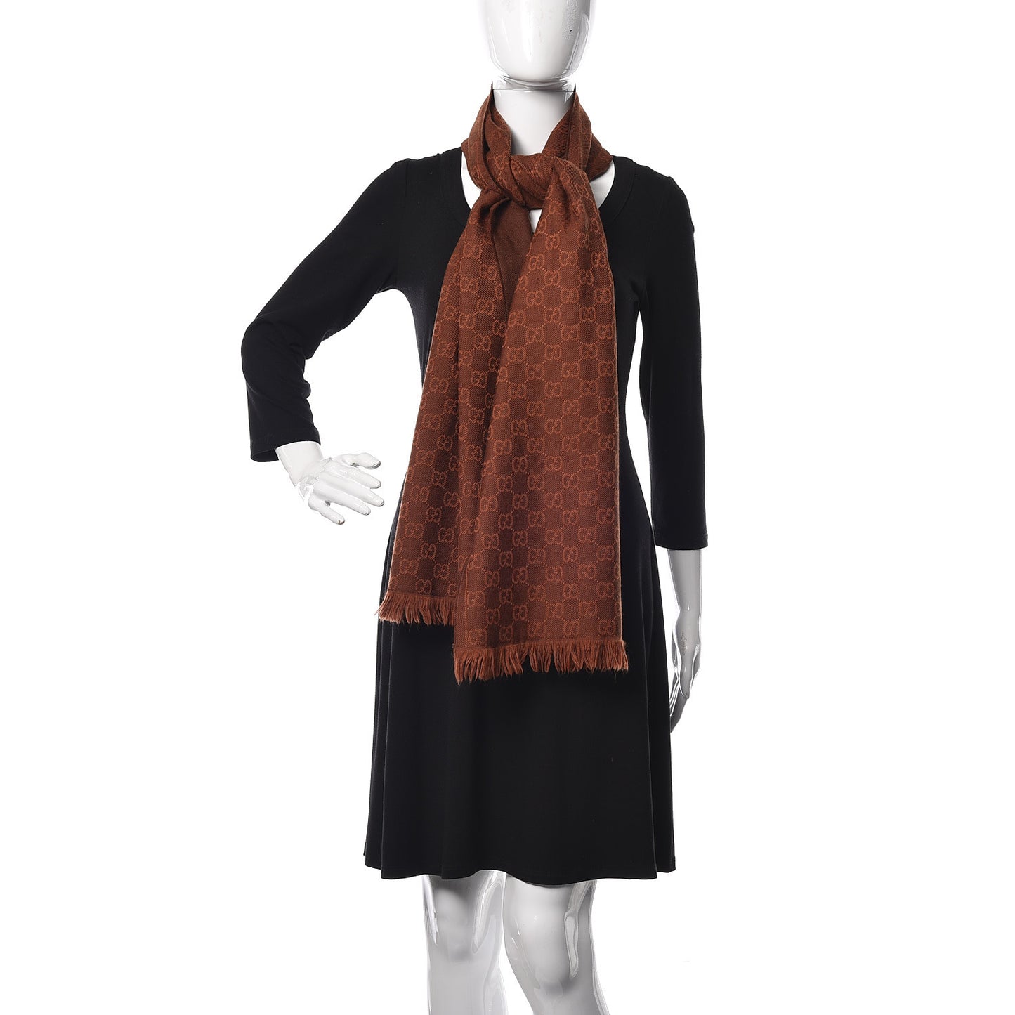 Wool Monogram Fringe Scarf Dark Orange Brown