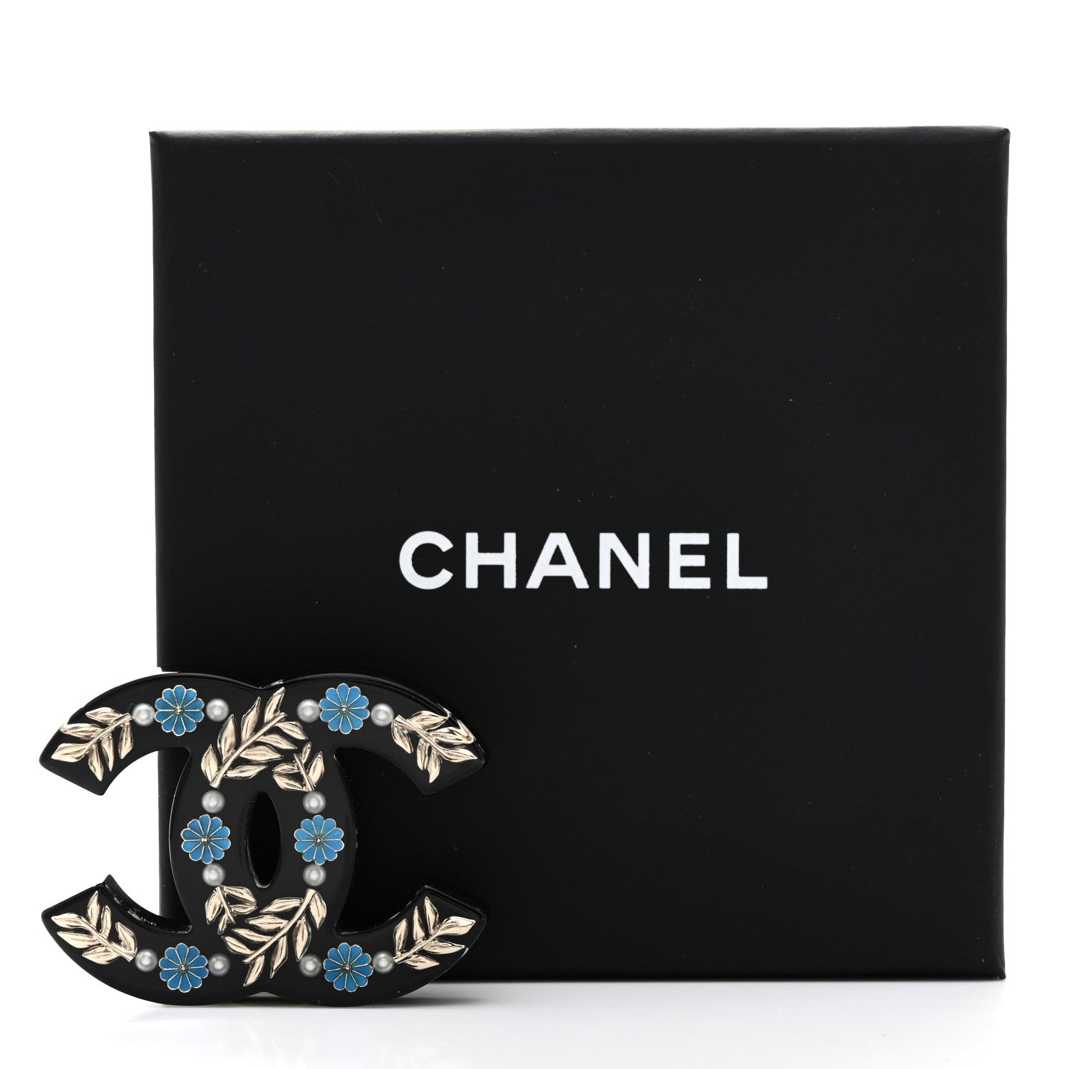 Chanel Resin Pearl Enamel Flower CC Brooch Black Blue Gold 5 of 5