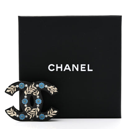 Chanel Resin Pearl Enamel Flower CC Brooch Black Blue Gold 5 of 5