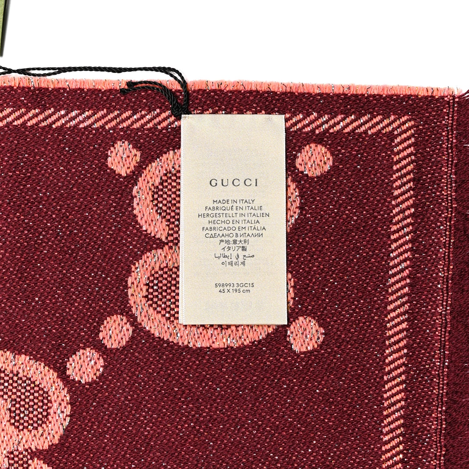 Gucci Wool Lame Jacquard Monogram Jumbo GG Lady Nest Lux Scarf Salmon Bordeaux 3 of 3